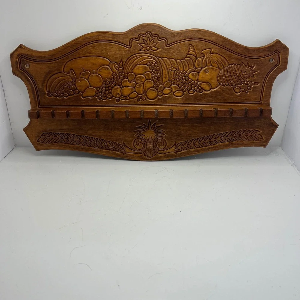Carved Wood Vintage Spoon Rack Wall Hanging Cornucopia Harvest 16 Slot Display - Picture 5 of 7